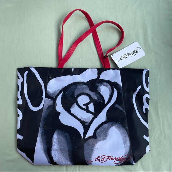 Ed Hardy White Rose Tote Bag with red straps - NWT - Picture 7 of 7